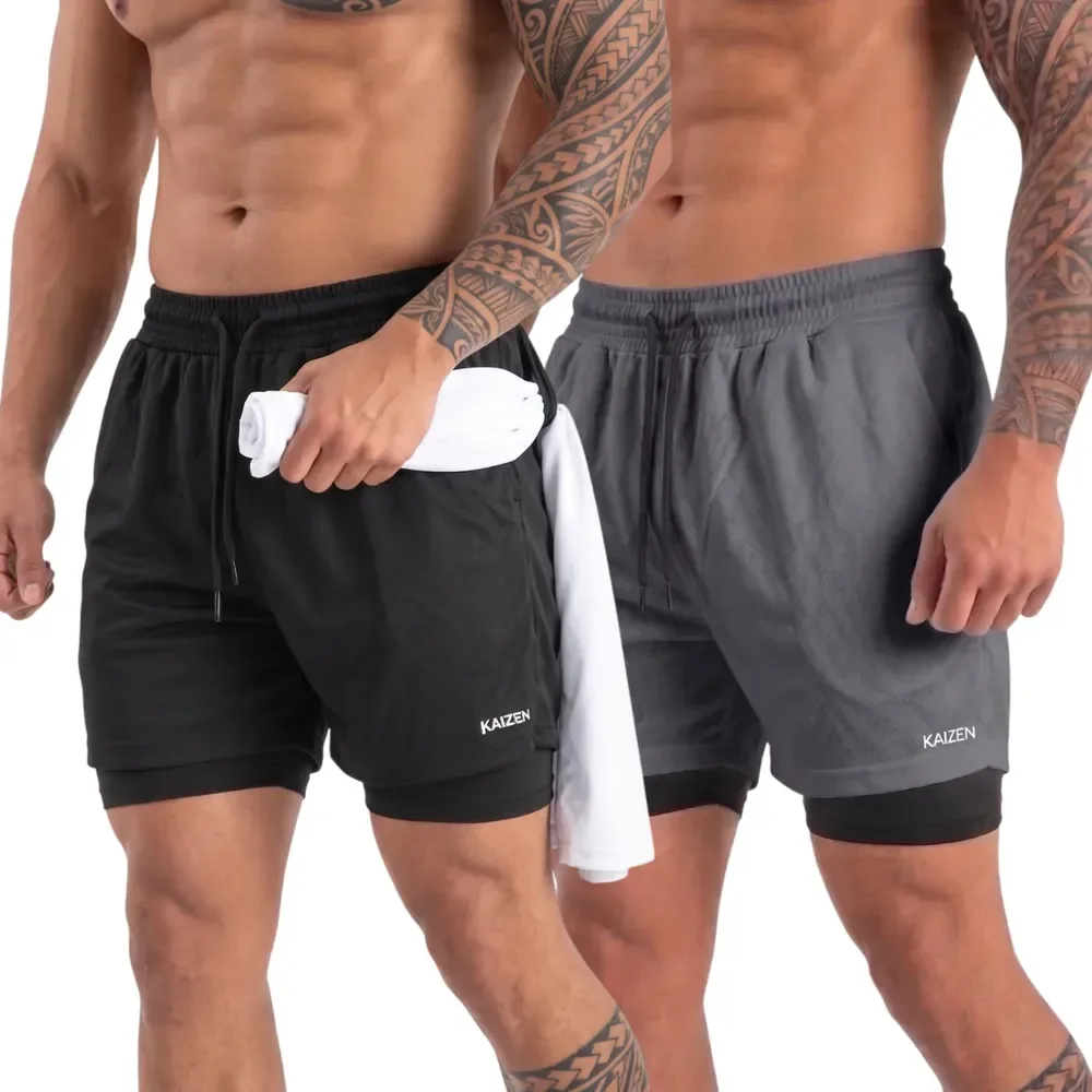Kit 2 Bermuda Masculina 2 Em 1 Short Compressão Academia Preto E Cinza Lisa G