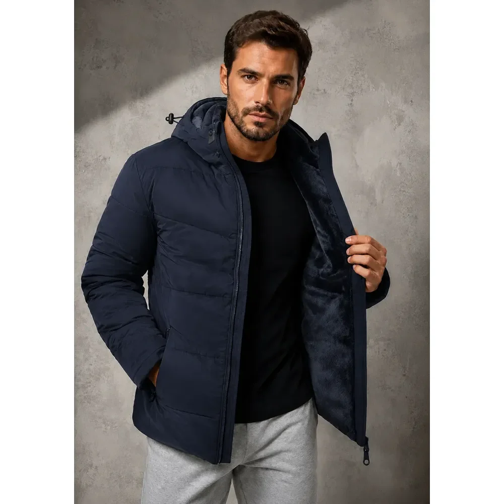 Jaqueta Puffer Masculina Térmica Com Capuz Forro Interno Azul-marinho G Lisa