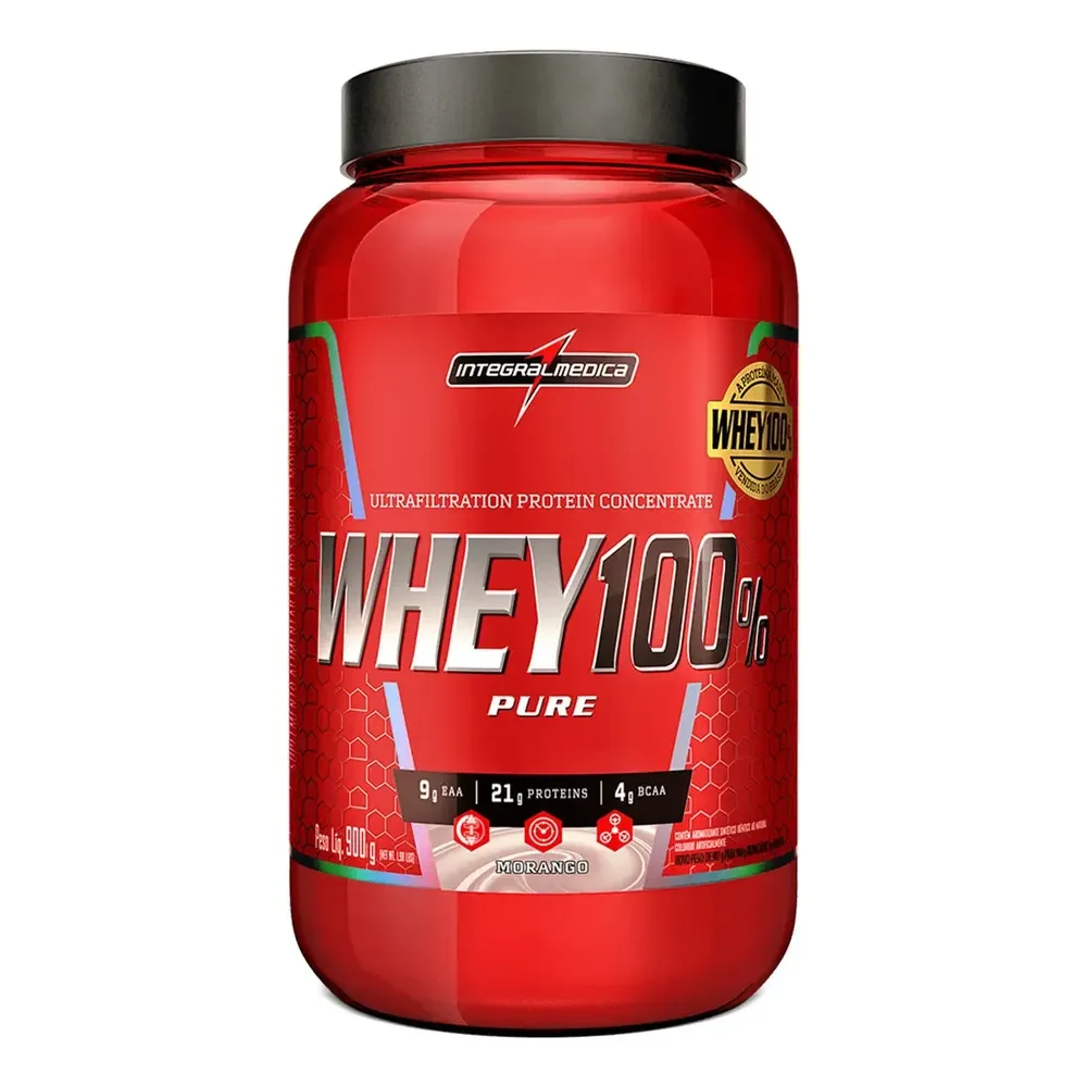 Whey 100% Pure Morango 900g Pote - Bcaas E Energia Para Melhor Desempenho Nos Exercícios