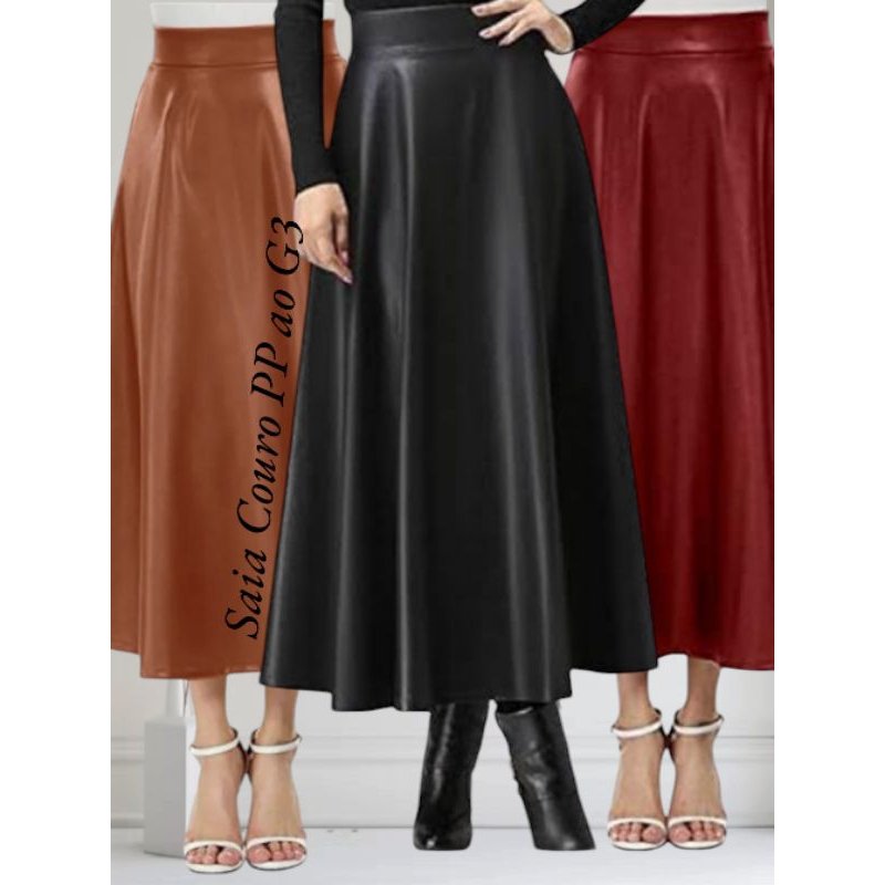 Saia Midi longa de Couro gode elegante estilo longuete do PP ao g3