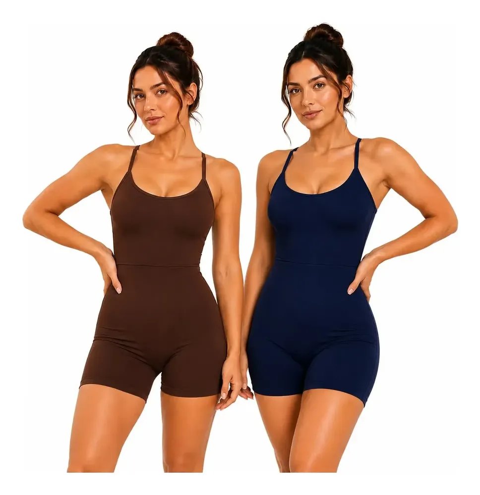 Kit 2 Macaquinho Fitness Feminino Curto Academia Treino Marrom E Azul M