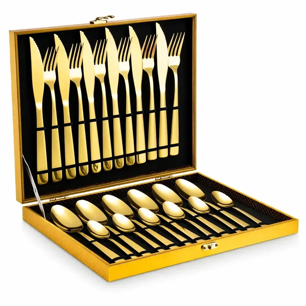 Eps-158 Kit Faqueiro Dourado Luxo Jogo Talheres Inox 24pçs + Maleta Sem Estampa