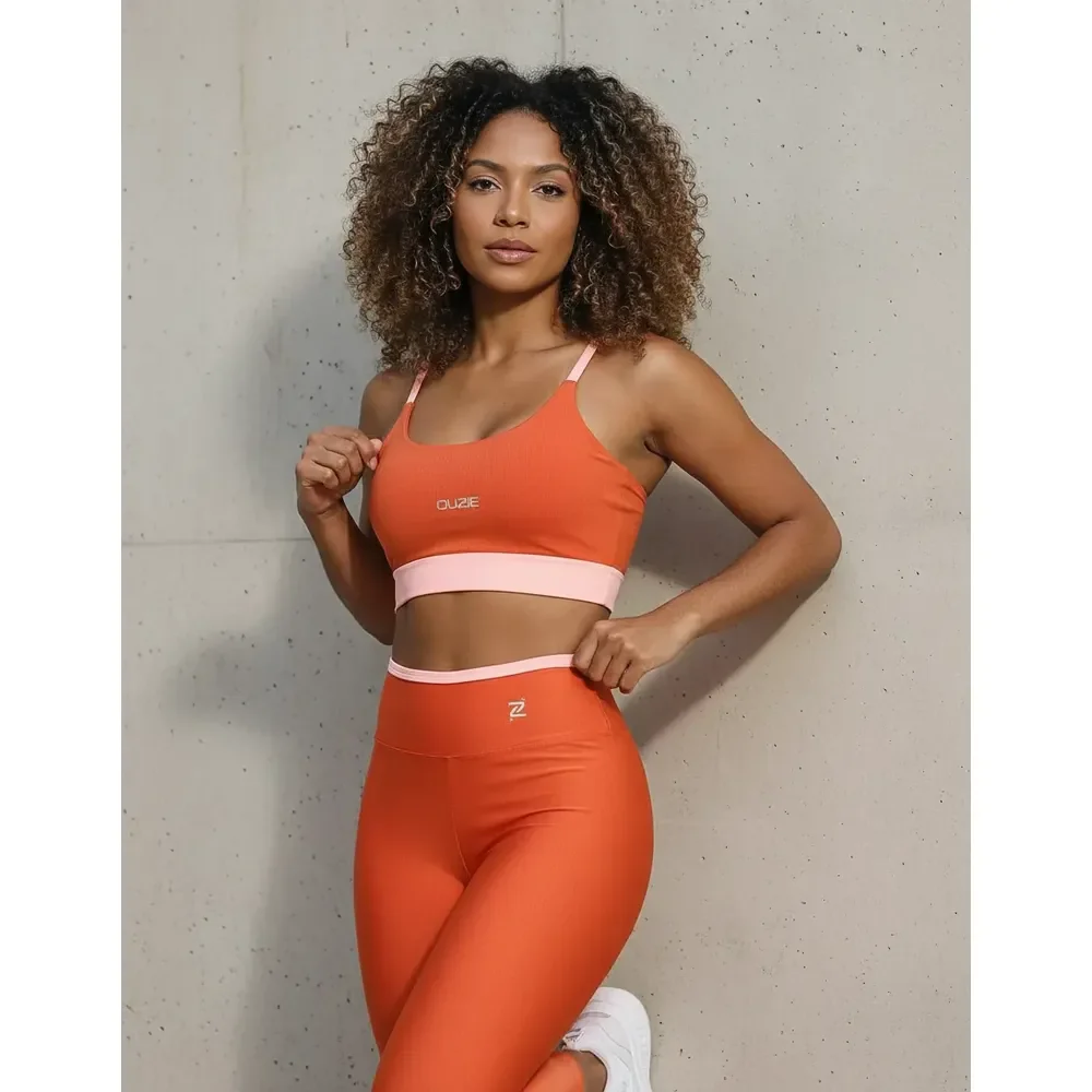 Conjunto Fitness De Academia Calça E Top Zero Transparência Laranja/areia Bicolor M