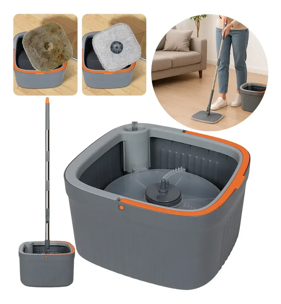 Mop Giratorio Agua Limpa Quadrado Compartimentos Separados Cor Cinza-escuro Import Poemme