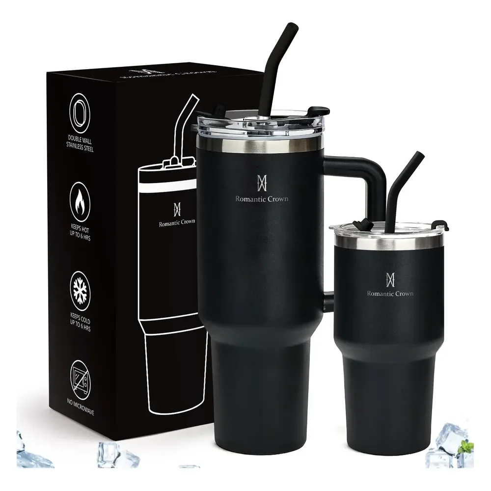 Kit Copo Térmica Inox 1200ml & 600ml Com Tampa E Inox Canudo Preto Cor Pura