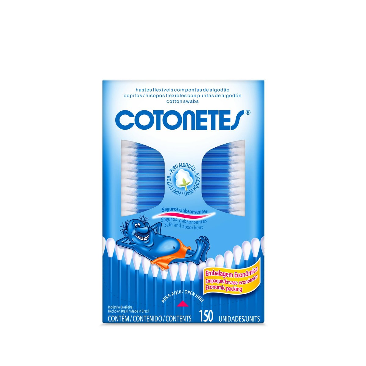Cotonetes de Algodão com Hastes Flexíveis, Retangular, 150 Unidades