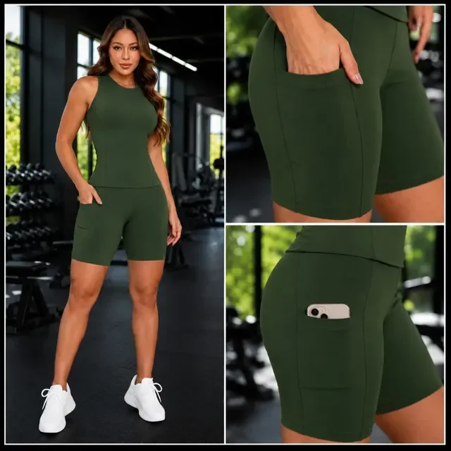 Conjunto Fitness Feminino Regata E Bermuda Bolso Corrida