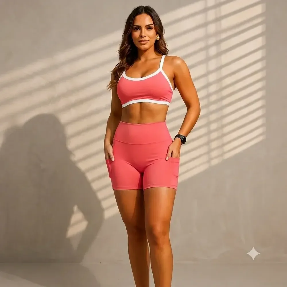 Conjunto Fitness Feminino Top Duplo Shorts Bolso Cós Alto Uv Coral Paradise Liso M