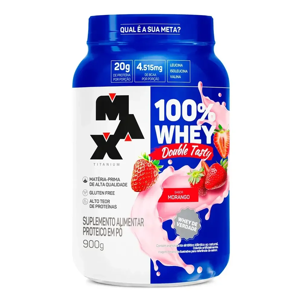 100% Whey Double Tasty Pote 900g Max Titanium Sabor Morango