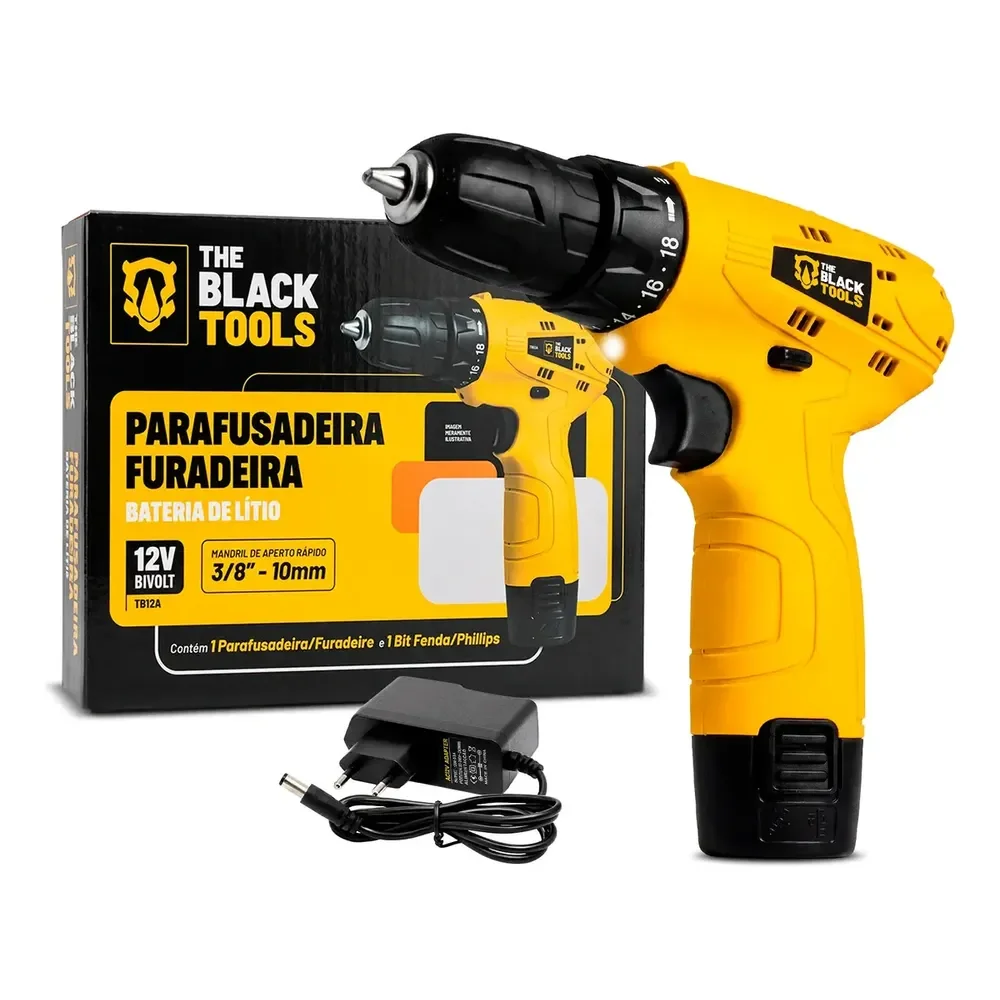 Parafusadeira Furadeira The Black Tools Tb12a 3/8 A Bateria Cor Amarelo Frequência 60hz 127/220v