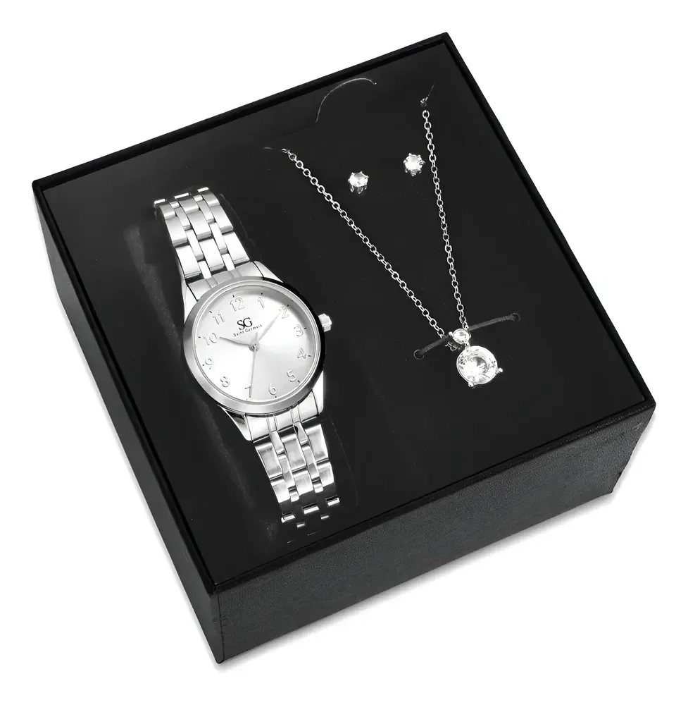 Kit Relógio Colar E Brincos Ponto De Luz Feminino Luxo Silver Saint Germain Presente Original Joias Prata Elegante Clássico 28mm