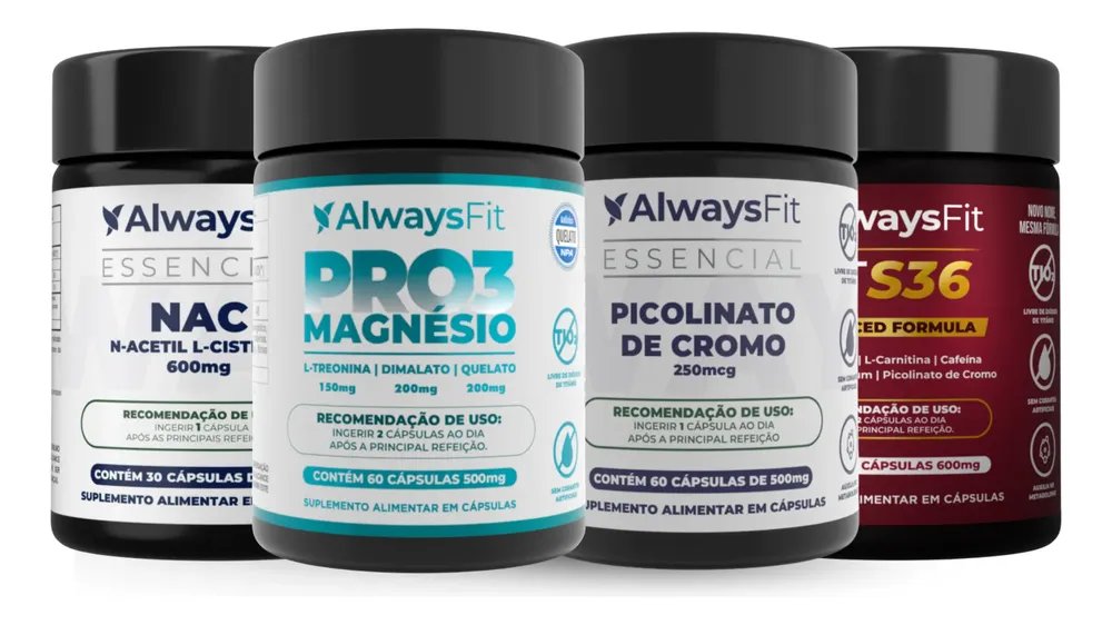 Kit Fit S36 + Pro3magnesio + Picolinato De Cromo + Nac Sem Sabor