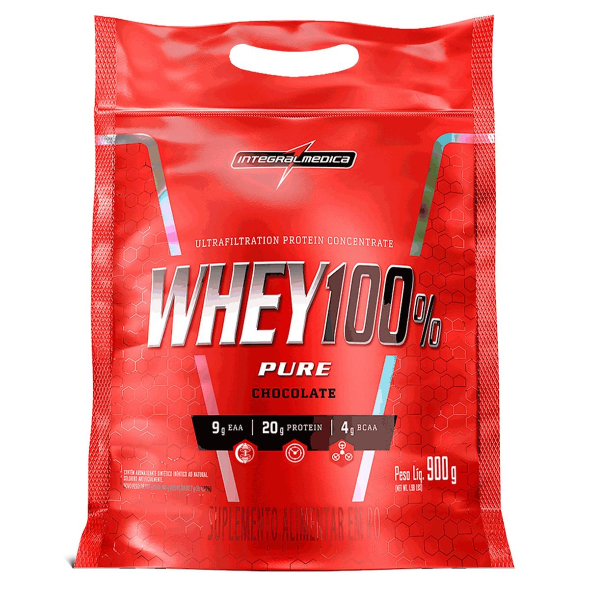 Integralmédica - Whey Protein Concentrado Chocolate 100% Pure - 20g de Proteína por Scoop, Suplementação Alimentar Pós-Treino, Fórmula Enriquecida com BCAAs - Pouch 900g