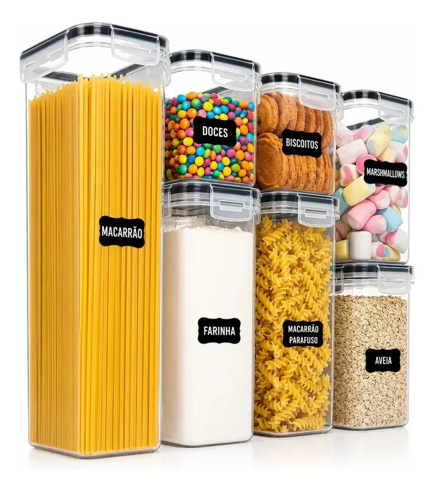 Pote Hermetico Kit 07 Trava Plastico Organizador Mantimento