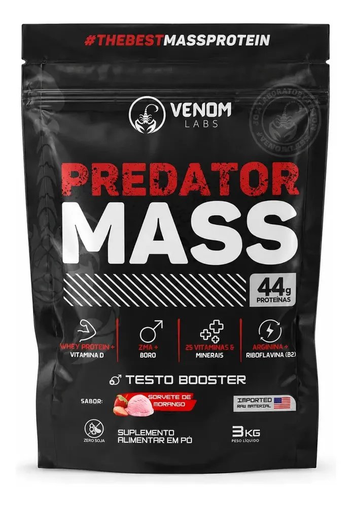Hipercalórico Predator Mass 3kg (44g Proteínas) Venom Labs Sabor Sorvete De Morango