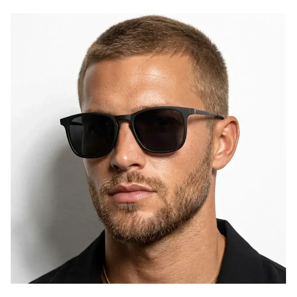 Óculos De Sol Quadrado Premium Acetato Metal Proteção Uv400 Cor Preto Armação Preto Haste Preto Lente Preto Desenho Preto Fosco