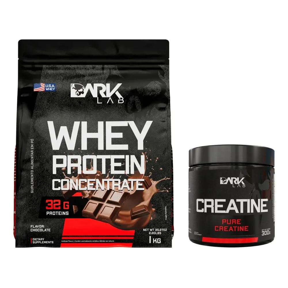 Whey Protein Concentrado 1kg Dark Lab Sabor Chocolate + Creatina Monohidratada Em Pote 300g 100% Pura Dark Lab