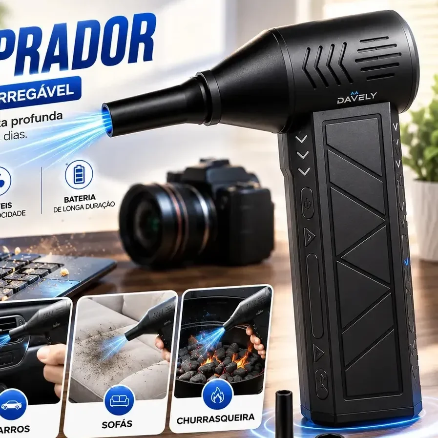 Mini Ventilador Soprador Ar Turbo 130000rpm Assoprador Sem Fio Recarregável Usb 3 Níveis Jato Forte Portátil Multiuso Limpeza Teclado Carro Acende Churrasqueira Marca Davely Preto 127/220v