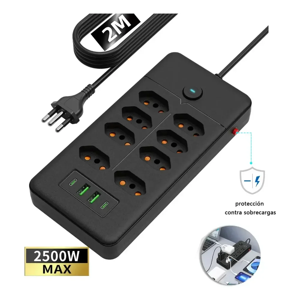 Filtro De Linha Com 8 Tomadas, 2 Usb E 2 Pd, Cabo De 2 Metros Para Proteção De Sobrecarga, 2500w Preto 127/220v