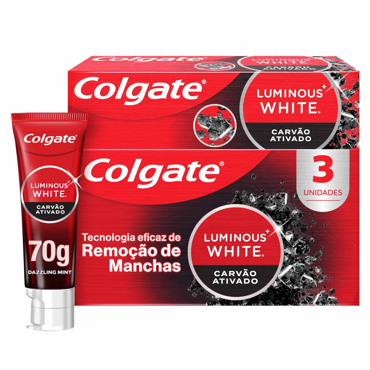 Colgate Luminous White Carvão Ativado Creme Dental Clareador, 3x70g