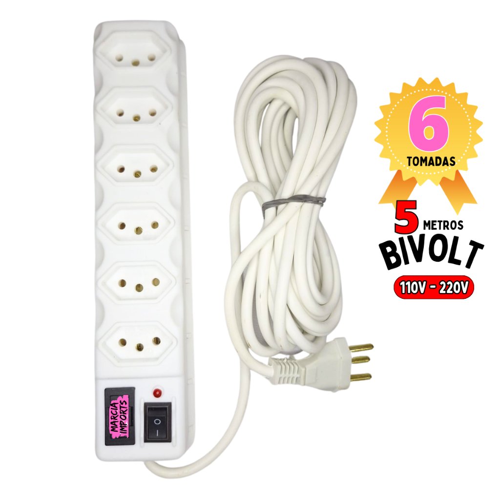 Filtro de Linha 5M Régua elétrica 6,  5, 4 e 3 Tomadas Cabo 5 Metros de fio Fusível 110v-220v Branco