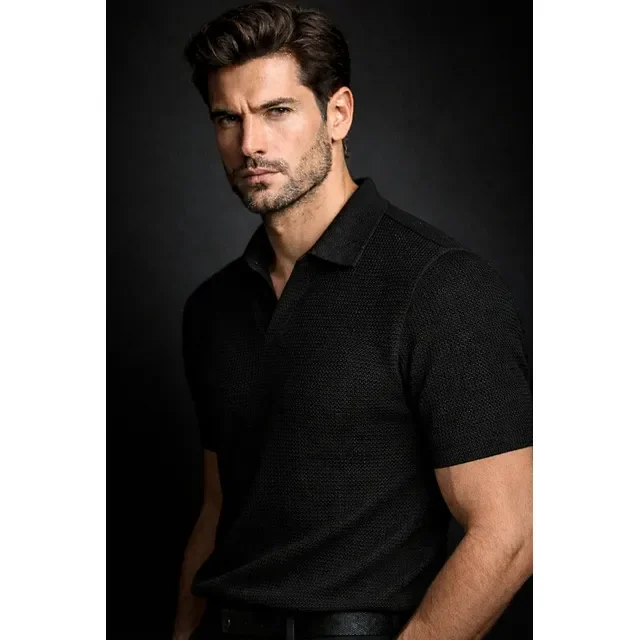 Camisa Camiseta Polo Masculina Texturizada Sem Botão