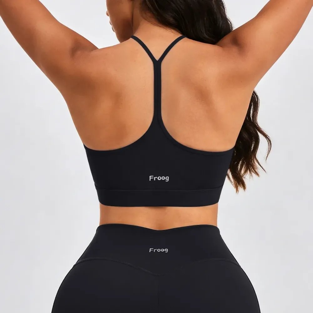 Froog Top Feminino Fitness Academia Com Bojo Alta Sustentaçã Preto Liso M