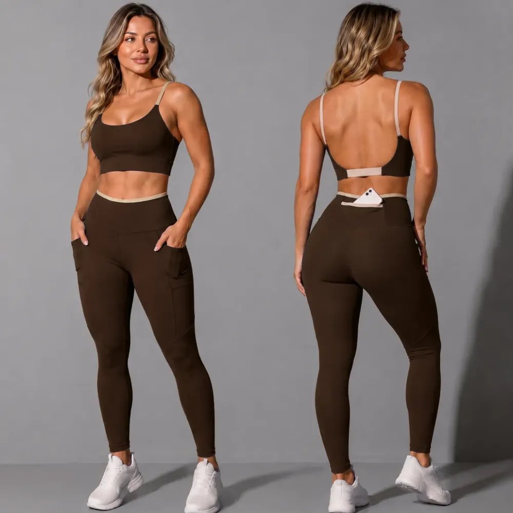 Conjunto Academia Top Calça Legging Fitness Roupa Kit Bolso Marrom/areia Liso G 40/42