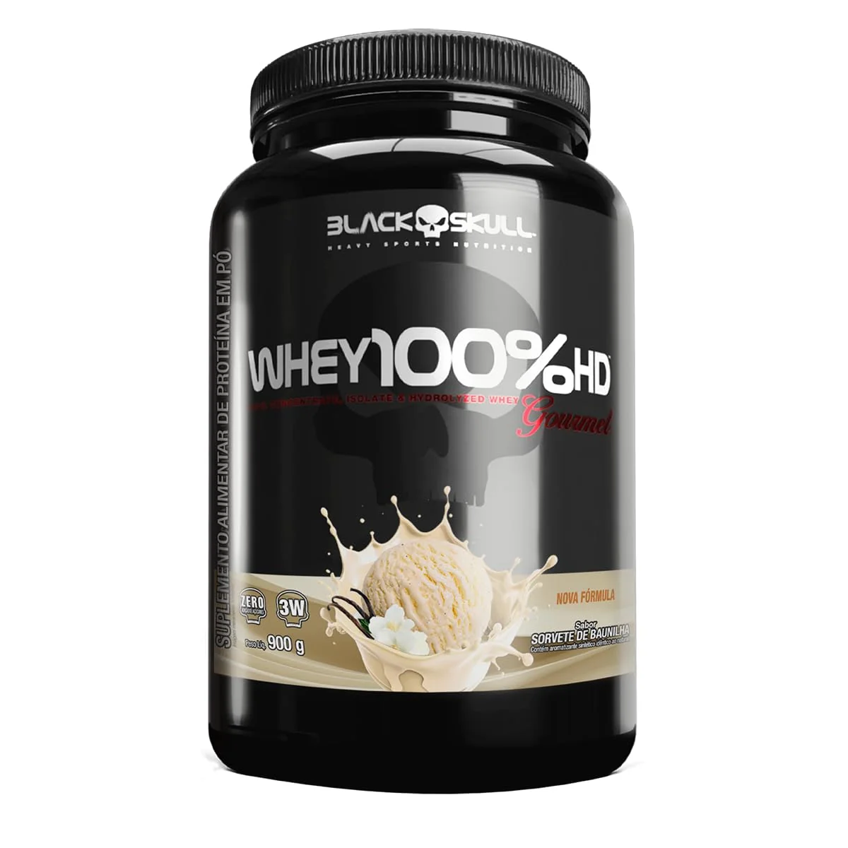 Black Skull Whey 100% HD Gourmet Pote 900g Baunilha | Proteína de alto valor biológico com sabor gourmet cremoso, dissolução rápida e uniforme