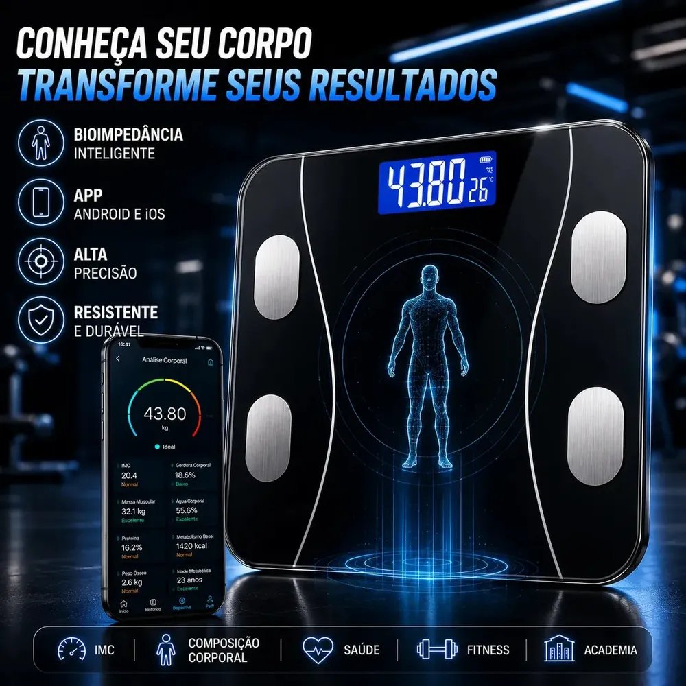 Balança Digital Bioimpedância Smart Bluetooth Inteligente IMC Composição Corporal Fitness Emagrecimento Saúde Peso Corporal App Android iOS Academia Banheiro Alta Precisão Megalodonte