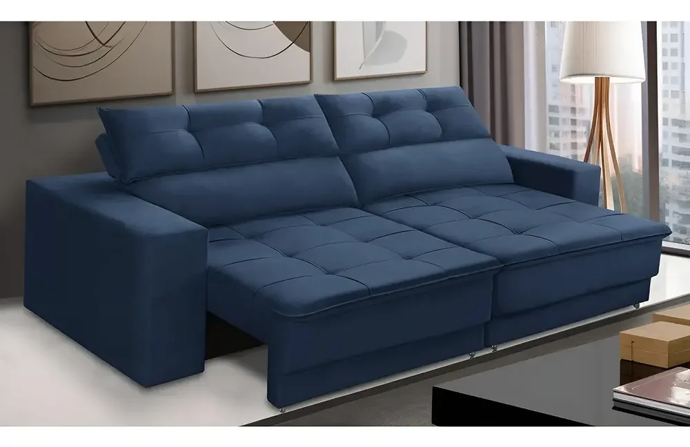 Sofá Retrátil e Reclinável 3 Lugares 1,90m com Molas Emily Suede Azul Adonai Estofados