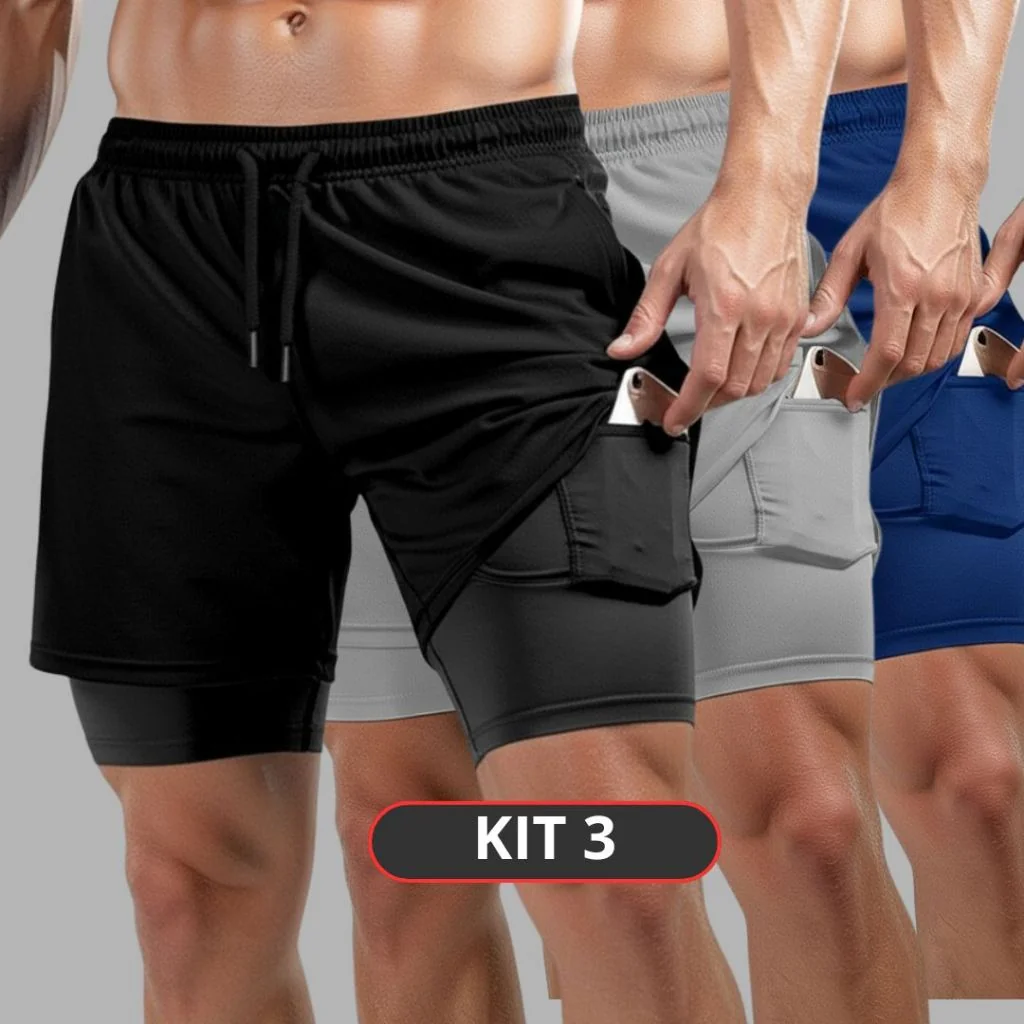 Kit 3 Bermudas 2 em 1 Masculina para Exercícios Físicos