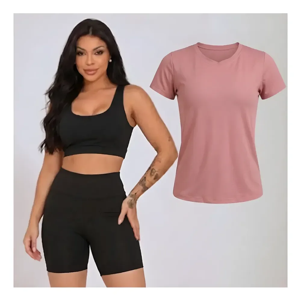 Kit Conjunto Fitness Feminino + Camiseta Roupa Academia Rosa G