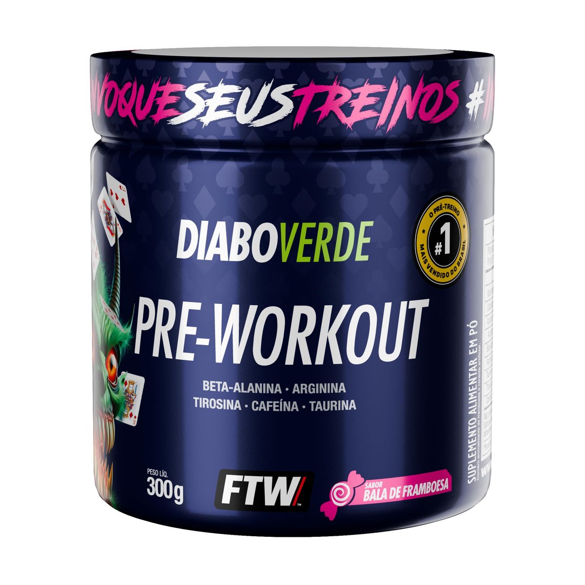 Pré Treino Pre Workout DIABO VERDE Pote 300g Sabor Bala de Framboesa FTW - Suplemento Com Cafeína, Aminoácidos Beta‑Alanina e Arginina para Treinos e Atividades Físicas