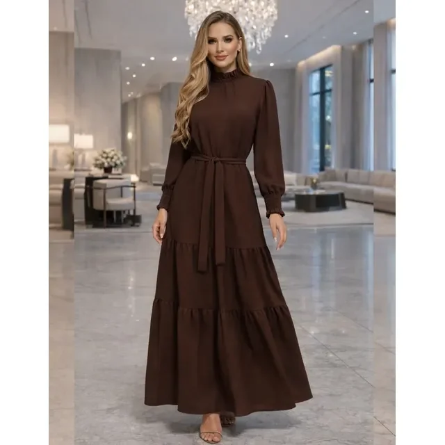 Vestido Longo Feminino Manga Longa Gola Alta Evangélico Luxo
