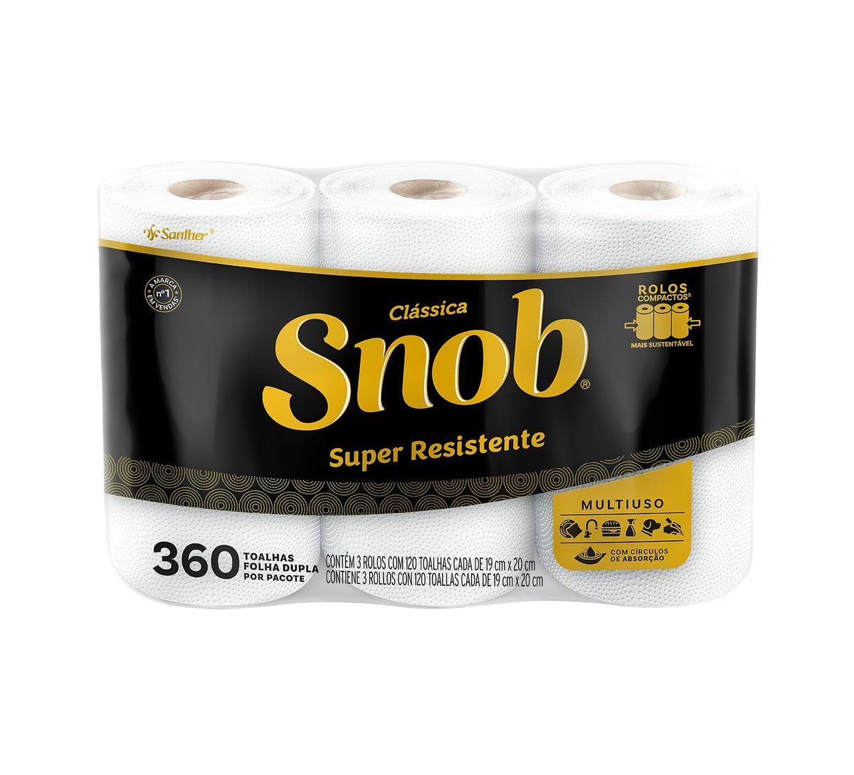 Snob Papel toalha multiuso folha dupla branca hiper 360fls, 3 rolos