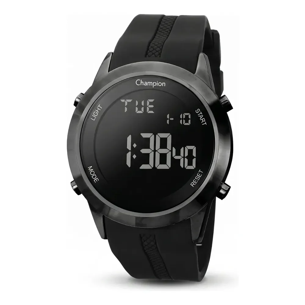 Relógio Masculino Esportivo Champion Digital 45 Milímetros Com Pulseira De Silicone Preta Macia Prova D´agua 50 Metros Preto