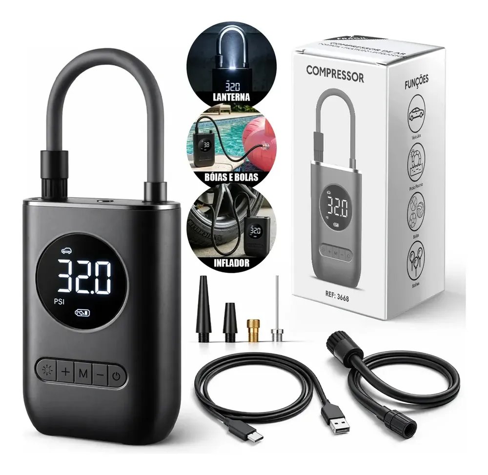 Mini Compressor de Ar Digital Portátil Recarregável USB-C Lumi para Pneus de Carro, Moto e Bicicleta Inflador Elétrico de Bolas e Infláveis Display LCD Alta Pressão Sem Fio Preto