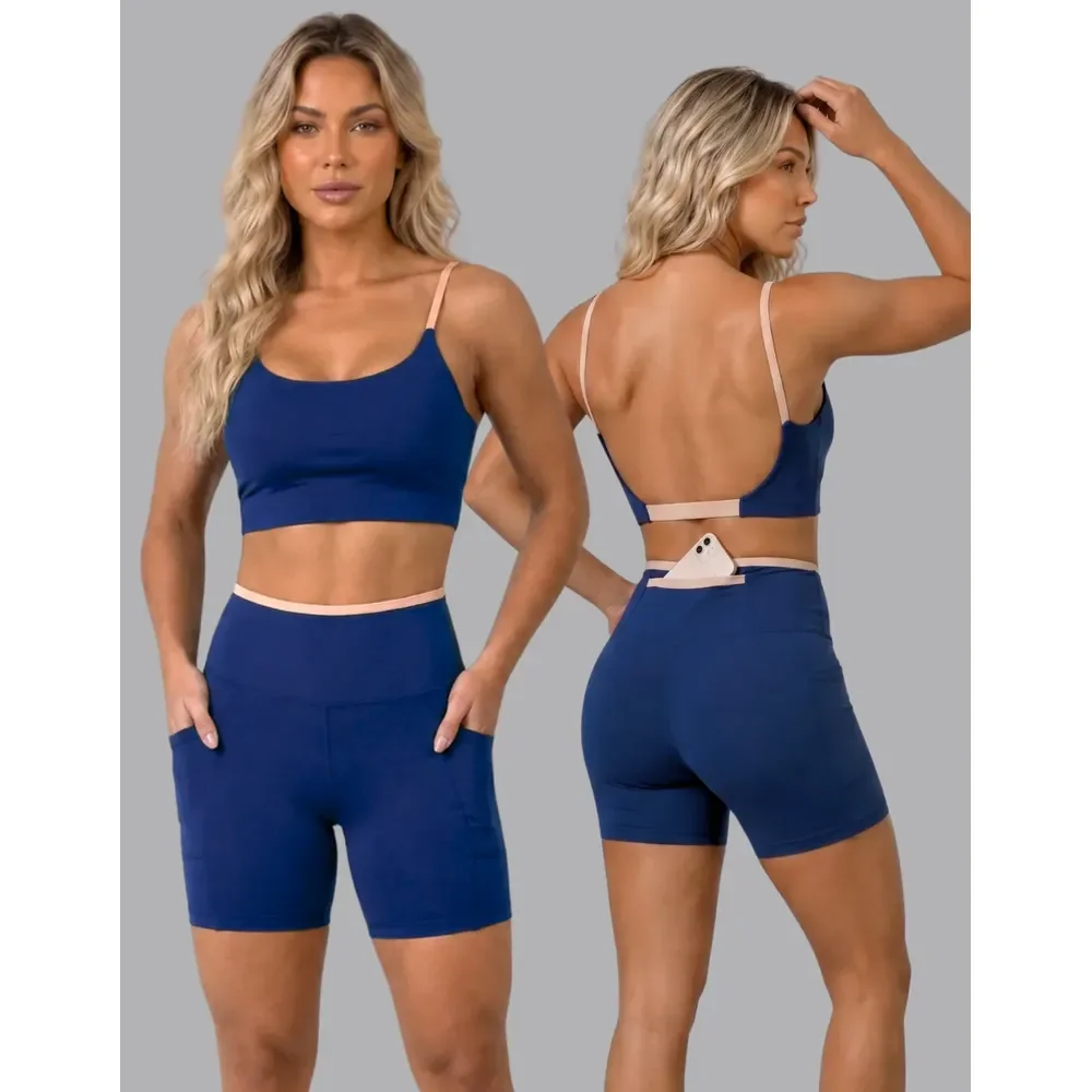 Conjunto Academia Fitness Top E Short Kit Zero Transparência Azul/areia Lisa M 38/40
