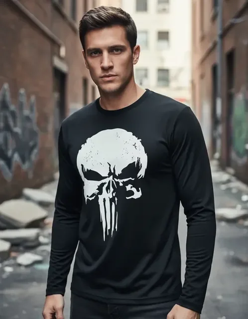 Camiseta Preta The Punisher Manga Longa Malha Dry Esporte