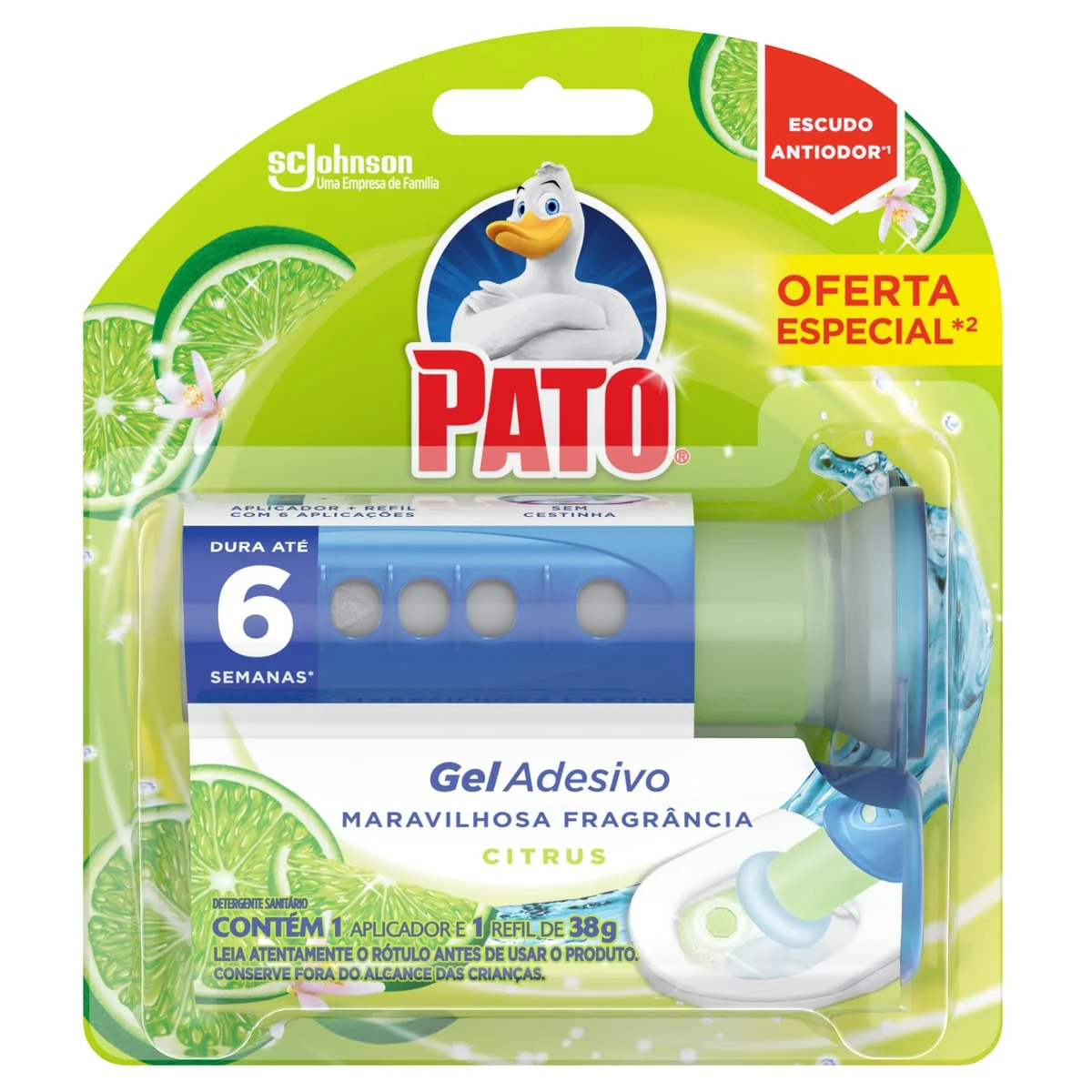 Pato Desodorizador Sanitário Gel Adesivo Citrus, Limpeza Banheiro, Limpo e Perfumado, Com Aplicador, 6 Discos