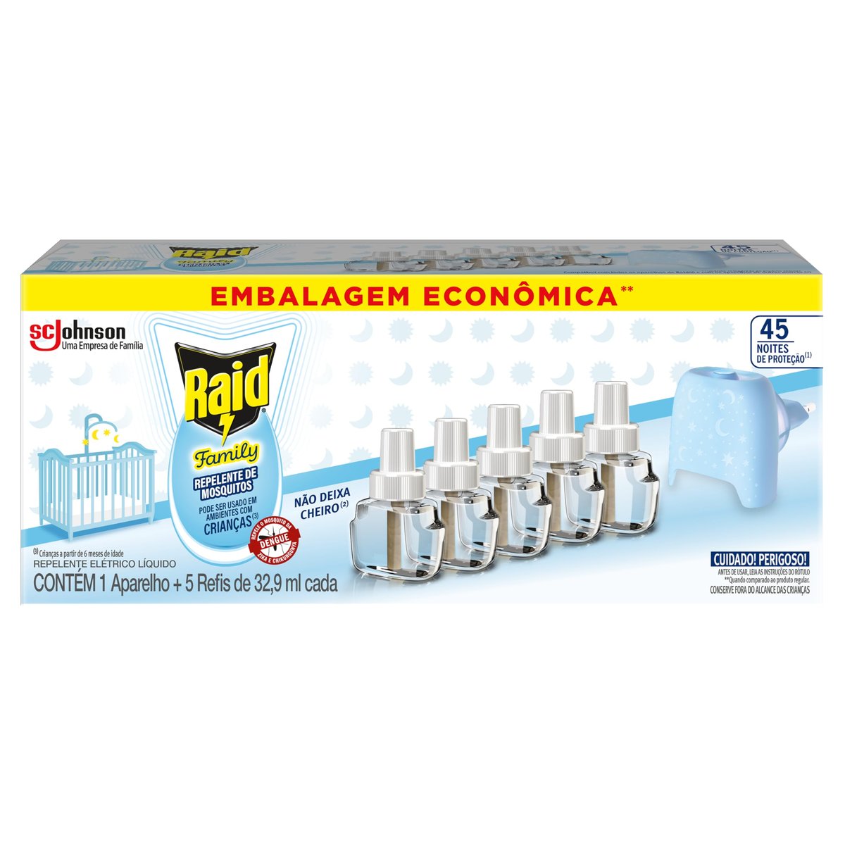 Raid Repelente Elétrico Líquido Family 45 Noites, Aparelho e 5 Refis 32,9ml