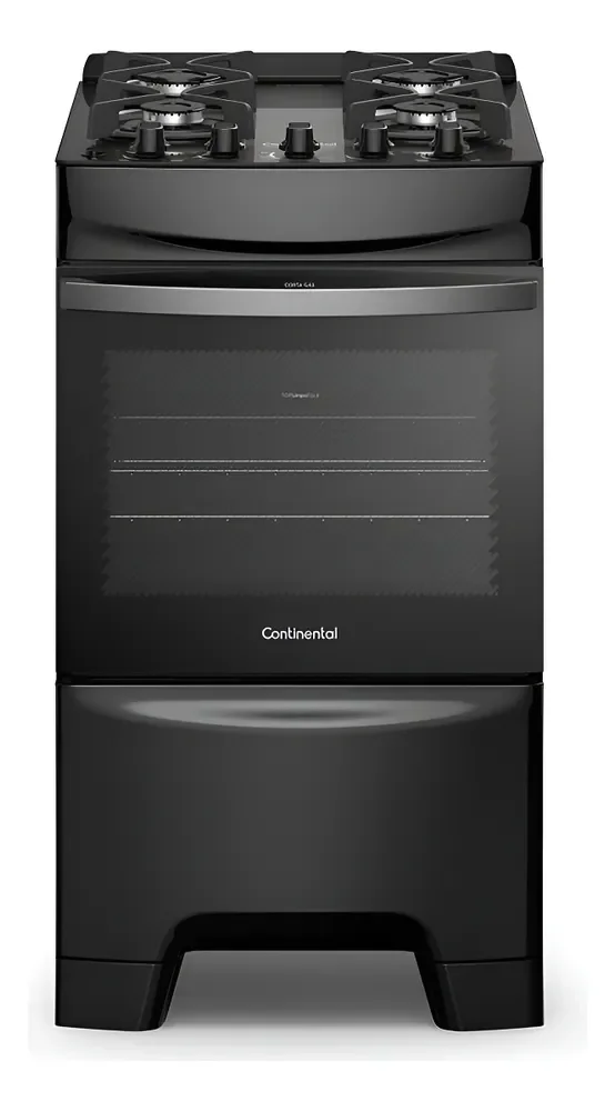 Fogão 4 Bocas Continental Preto Mesa de Vidro, Forno Eco Turbo e Grades Ferro Fundido (FC4GB) - Bivolt