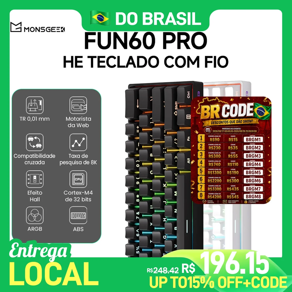 Teclado Mecânico Akko MonsGeek FUN60 PRO HE 60% com Interruptor Magnético, Gatilho Rápido 0.01mm, 8K, Teclado Gamer Personalizado com Fio