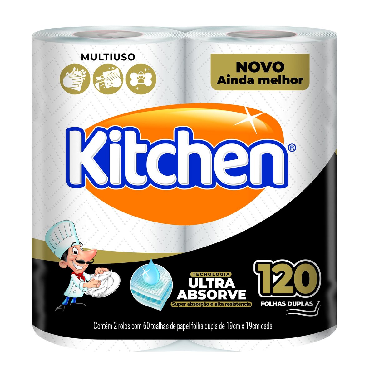 Papel Toalha Kitchen Folha Dupla - Pack com 2 rolos de 60 unidades de 19x22 cm cada