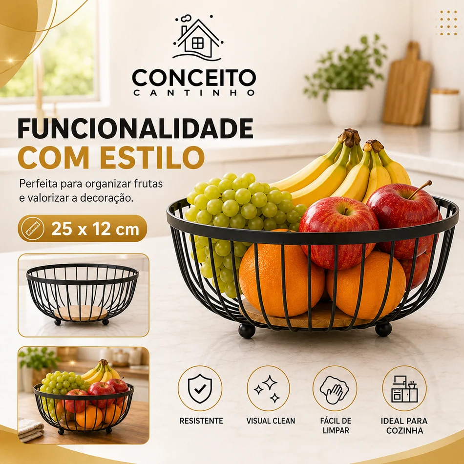 Fruteira de Mesa ou Bancada Rustica de Ferro e Bambu para Café da Manhã de Metal Preto Multiuso