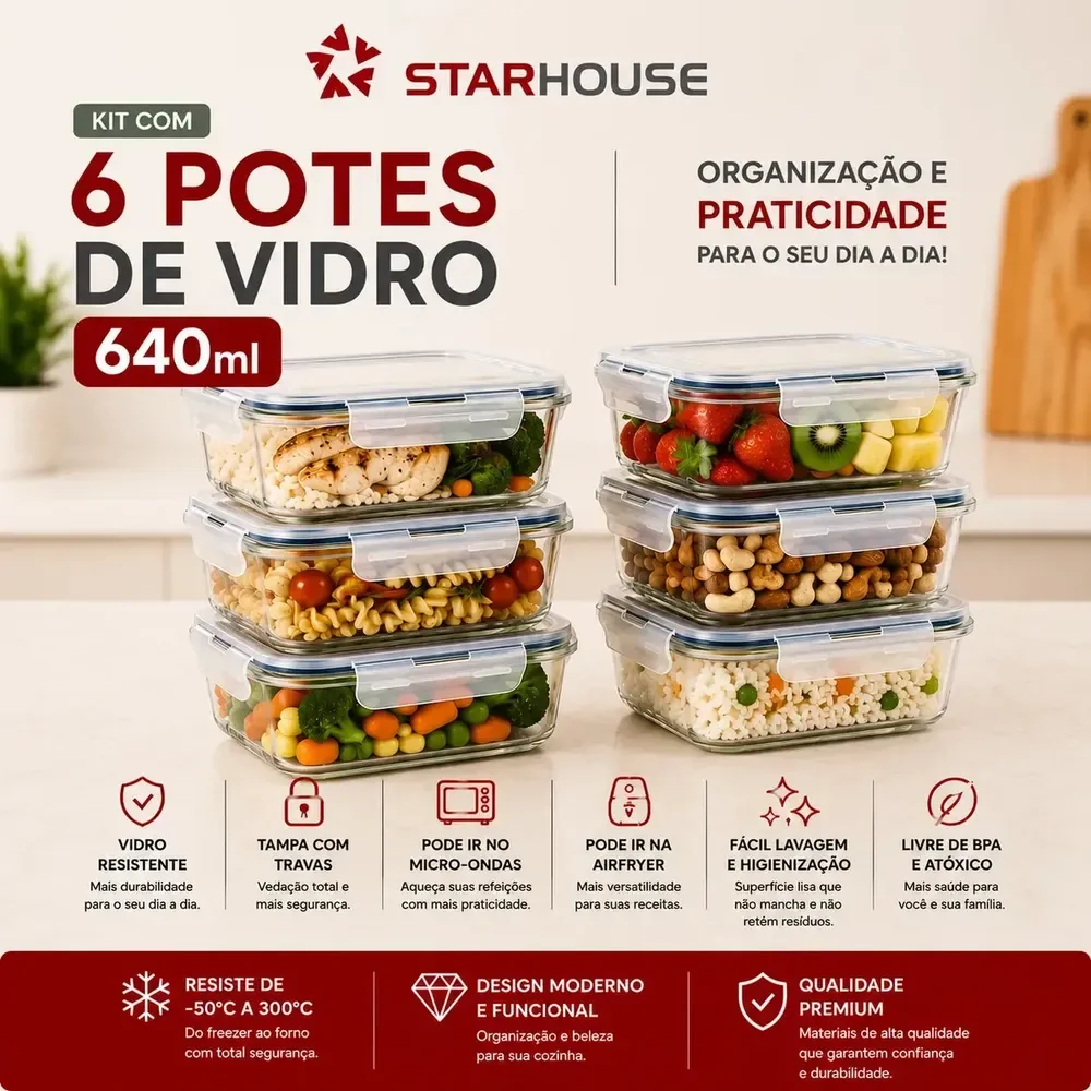 Kit 6 Potes 640ml Vidro Hermético 4 Travas Marmita Refratario Star House Com 4 Travas De Super Vedação Branco