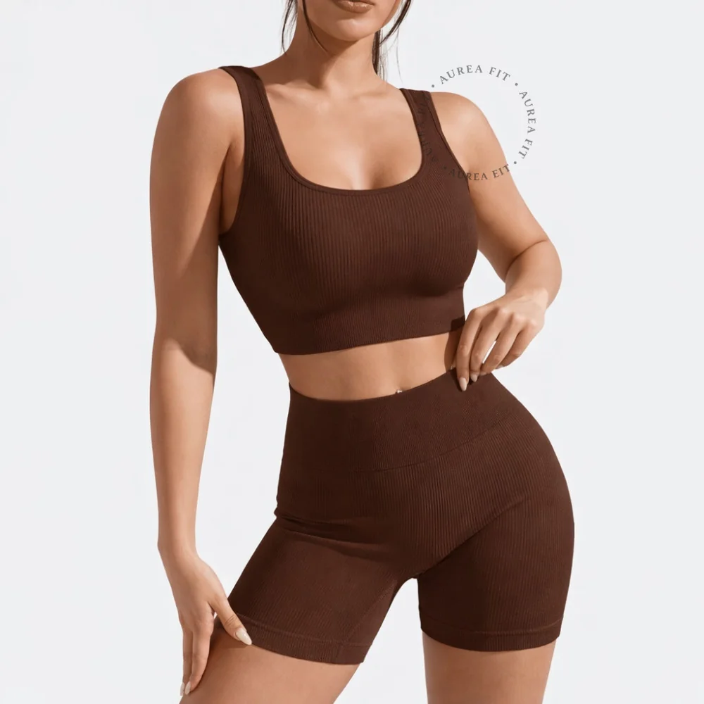 Conjunto Fitness Feminino Short Canelado Sem Costura com Top Bojo Removível Costas Nadador Academia Treino Yoga