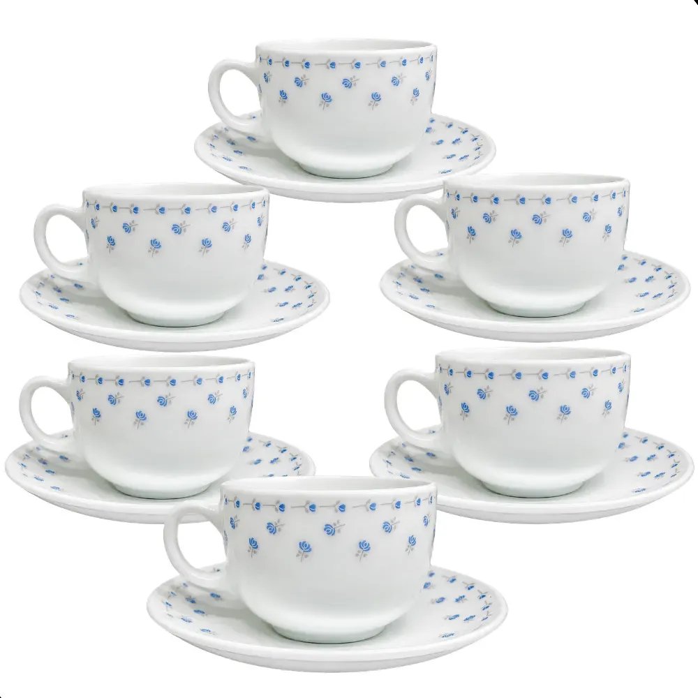 Conjunto 12 Peças Xícaras 150ml Com Pires Para Café E Chá Branco Floral