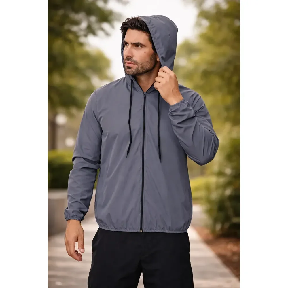 Jaqueta Corta Vento Masculina Impermeável Capuz Zíper Bolso Cinza-claro G Lisa